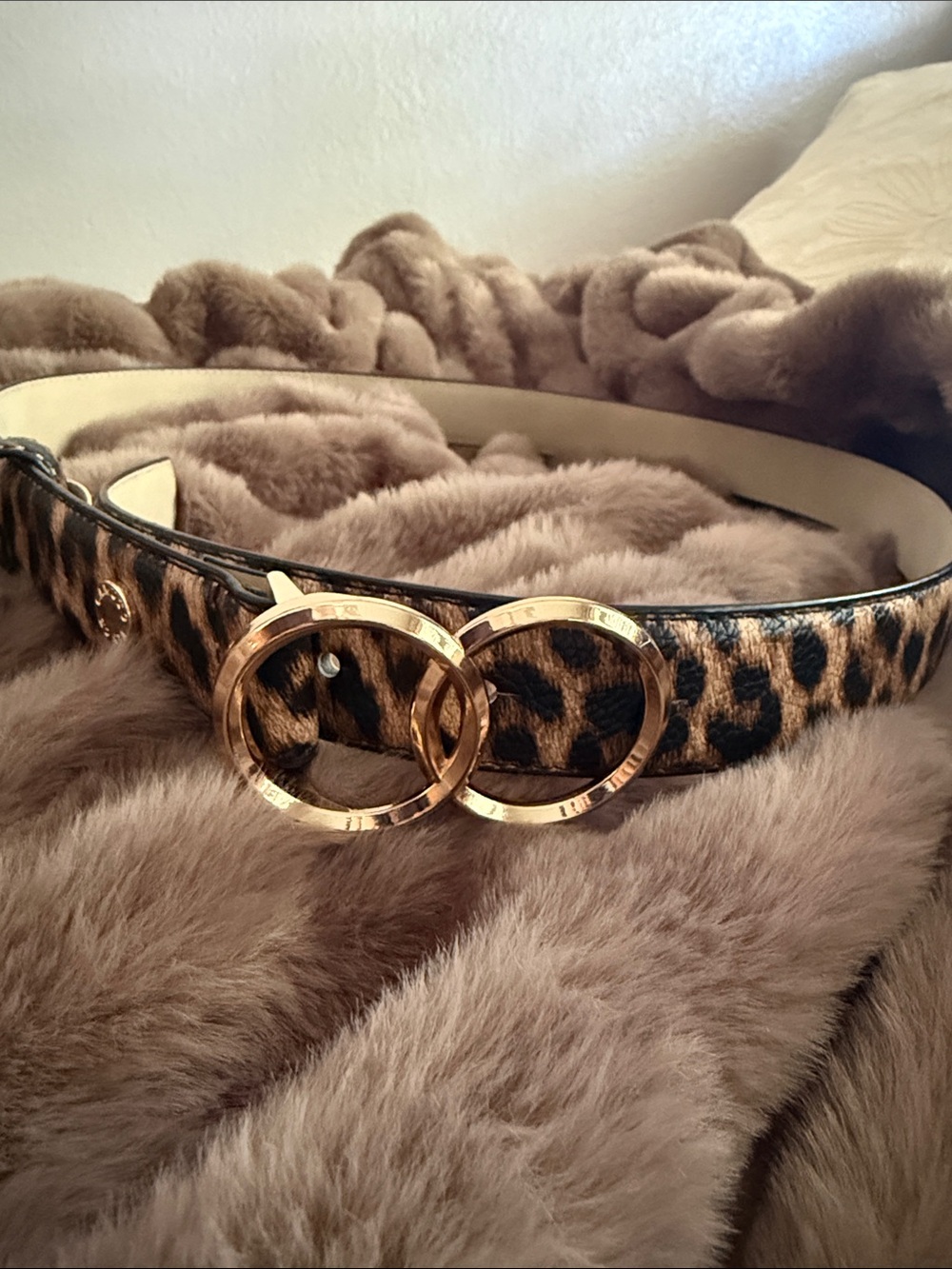 Vince Camuto Leopard Print Women's Belt with Gold Double-Ring Buckle
